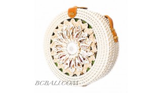 Handmade seashells deco circle bag round rattan